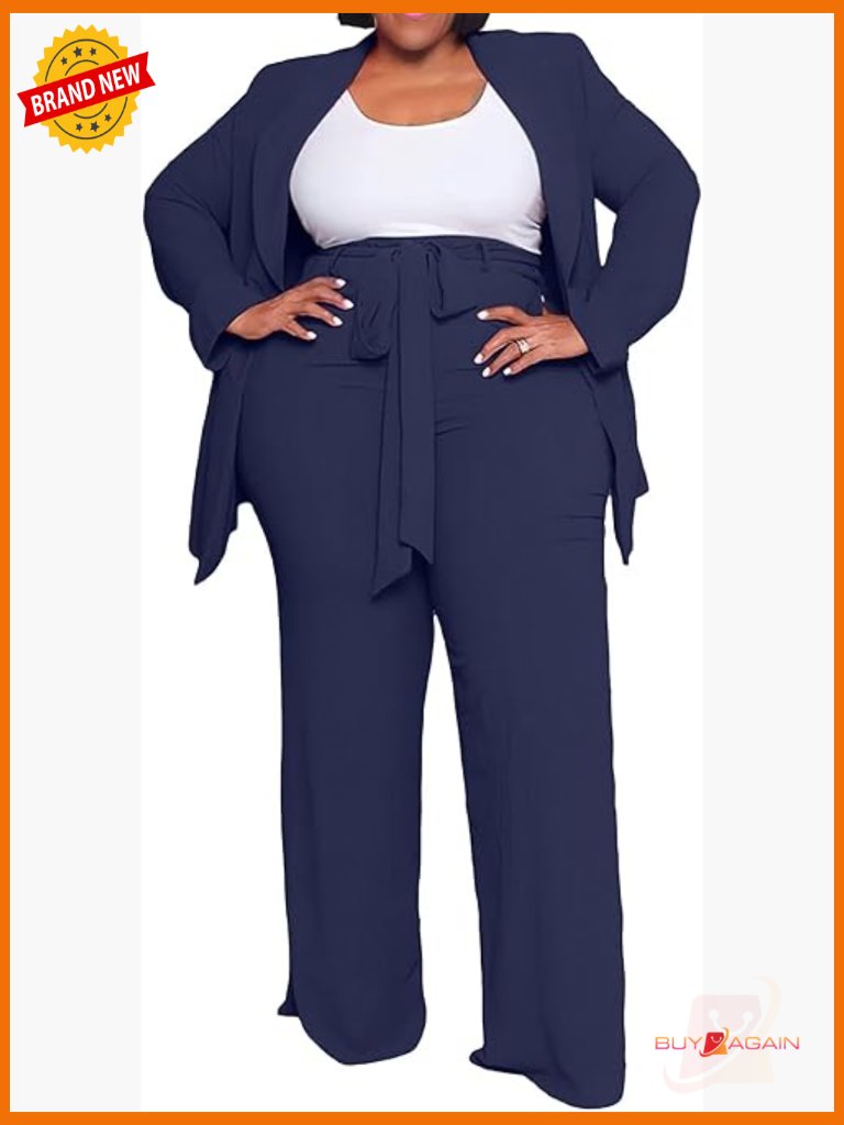Plus Size Business Blazer & Wide Leg Pant Set 2 Piece Suits
